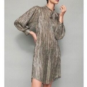 SABINA MUSAYEV Gold Metallic Mesh Tie‎ Neck Long Sleeve Mini Dress Size XS
